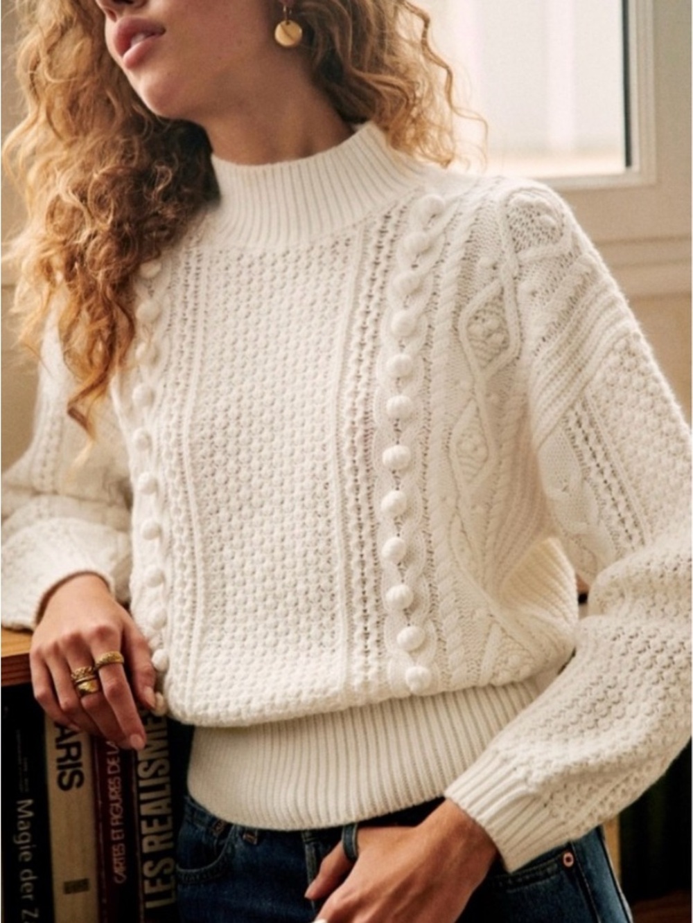 Sézane Cream Cable Knit Mock Neck Sweater